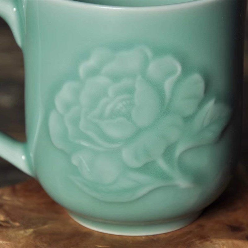 Handmade Celadon Teacups 13oz Coffee Mugs with Lid Porcelain Cups Embossed with Peony Chinese Celadon(01-Sky Blue) - Image 3